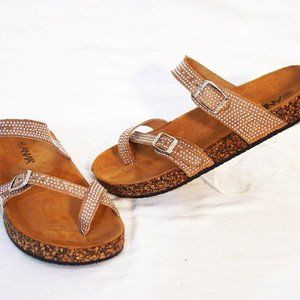 Anna Glory Buckled Sandals Taupe Silver Studs Cork 8